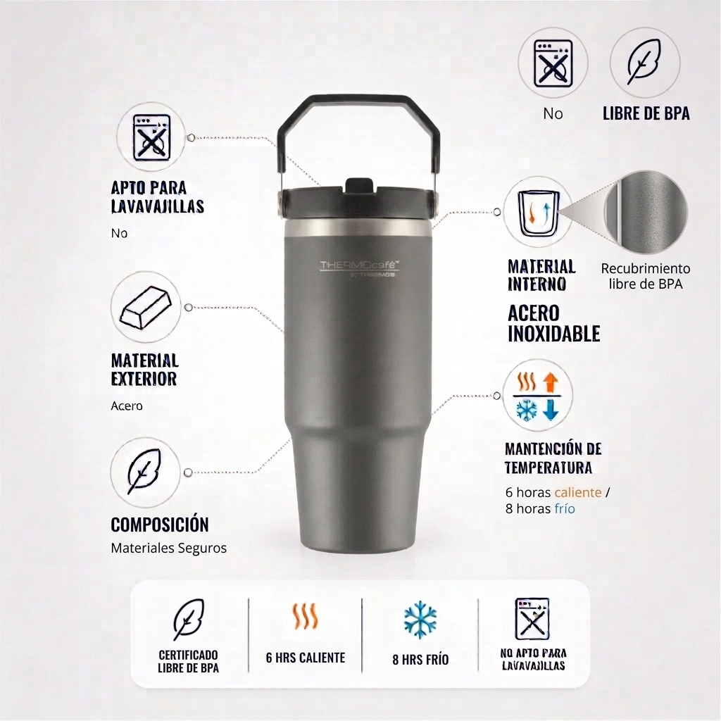 Mug Térmico Acero Inoxidable 900ml (30oz) con Tapa doble función + Mango Plástico Gris