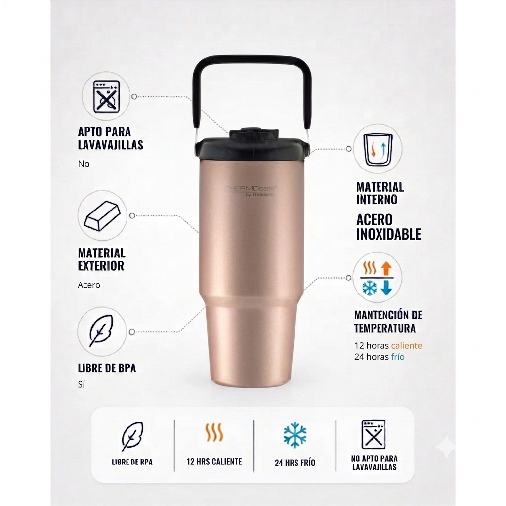 Mug Térmico Acero Inoxidable 900ml (30oz) con Tapa y Pitillo + Mango Plástico Rose Gold