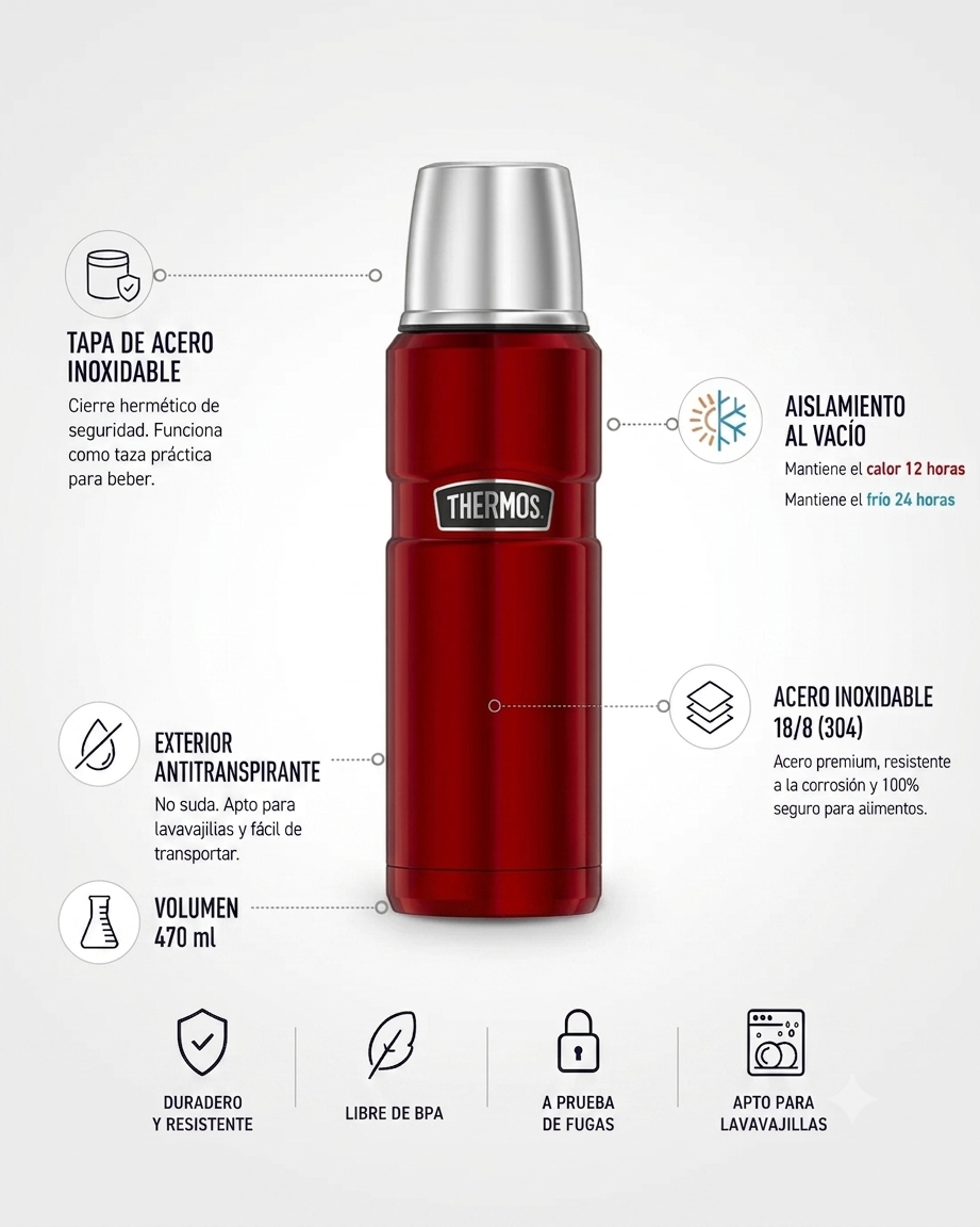 Termo Liquido King En Acero Inoxidable 470 ML Rojo