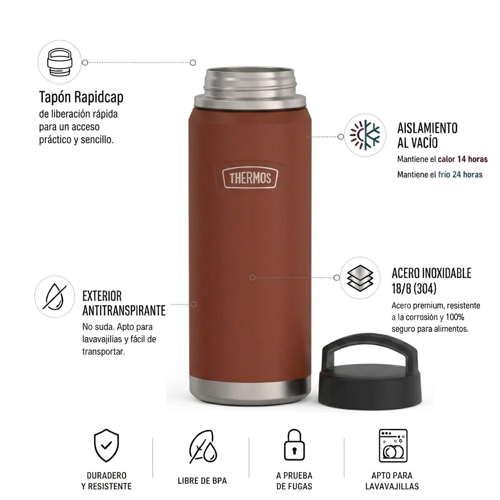 BOTELLA HIDRATACION ACERO INOXIDABLE DOBLE PARED TAPA ROSCA 40oz / 1200ml CAFÉ
