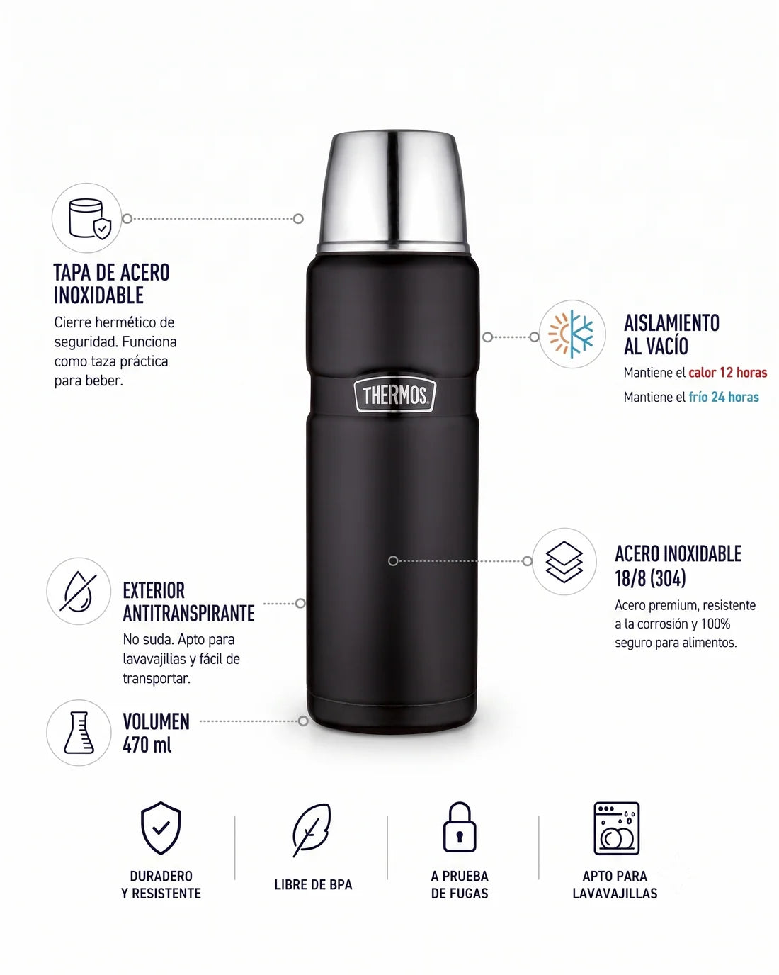 Termo Liquido 470ML En Acero Inoxidable King